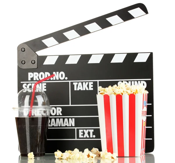 Movie clapperboard, cola and popcorn isolated on white — Stock Photo, Image