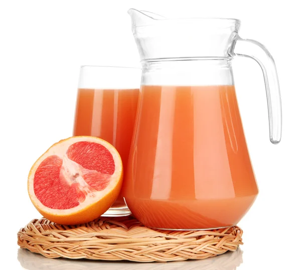 Full glass and jug of grapefruit juice and grapefruits isolated on white — Stock Photo, Image