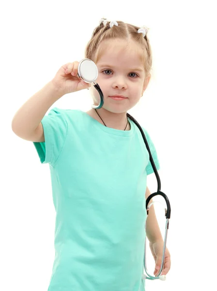 Petite fille médecin avec jouet ours, isolé sur blanc — Photo
