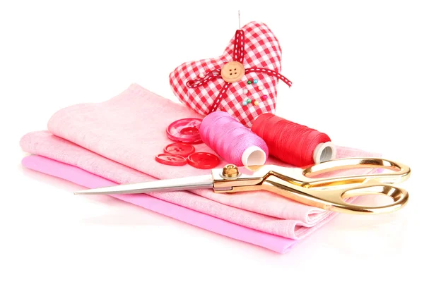 Sewing accessories and fabric isolated on white — Stock Photo, Image