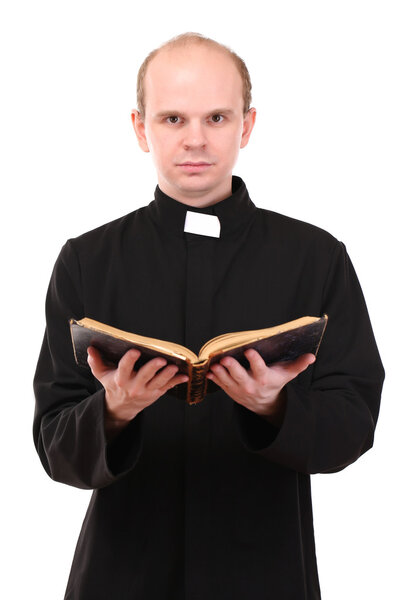 Young pastor with Bible, isolated on white