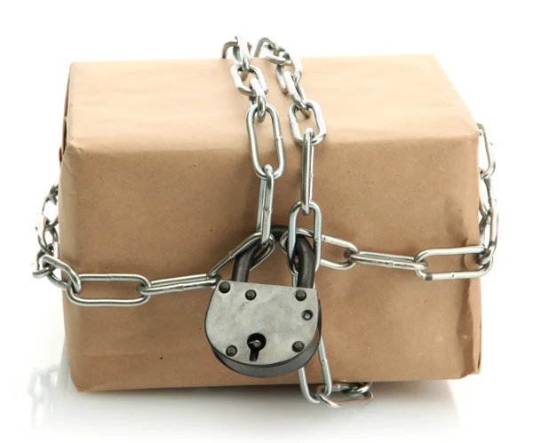 Parcel with chain and padlock, isolated on white — Stock Photo, Image