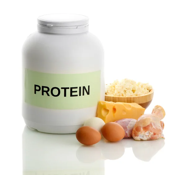 Jar of protein powder and food with protein, isolated on white — Stock Photo, Image