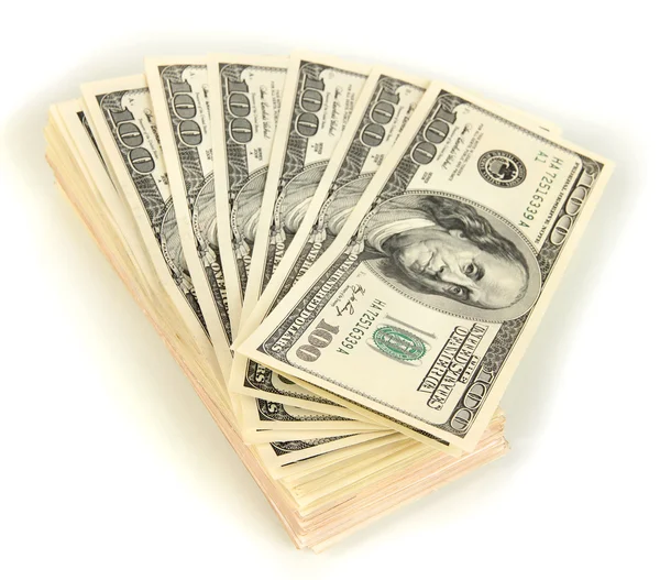 Muitas das notas de cem dólares fecham-se isoladas em branco — Fotografia de Stock
