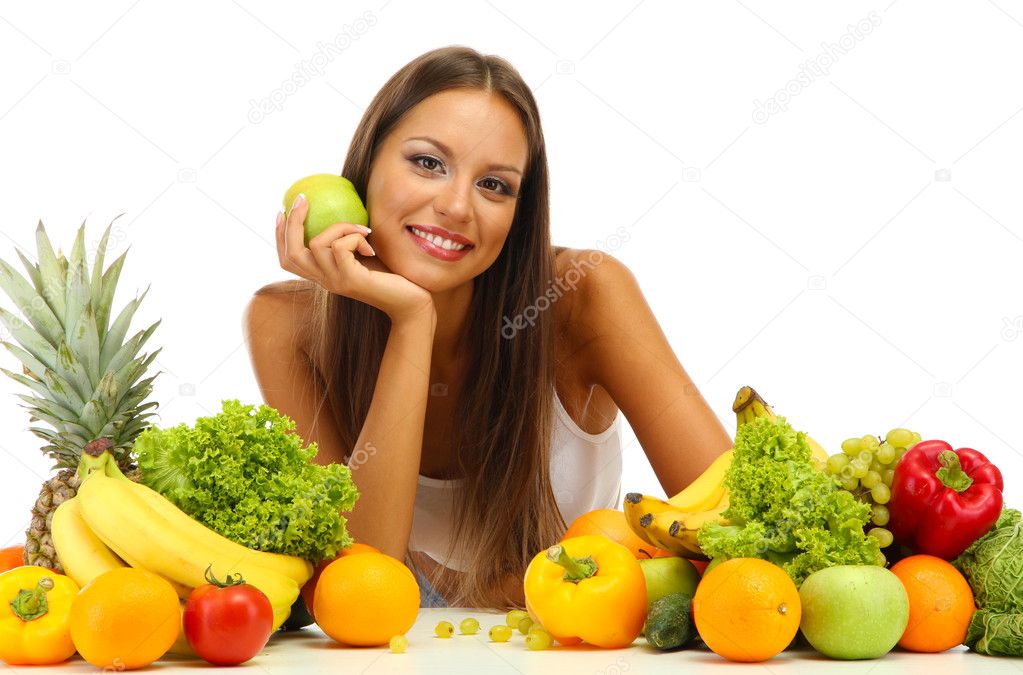 beautiful young woman with fruits and vegetables, isolated on white