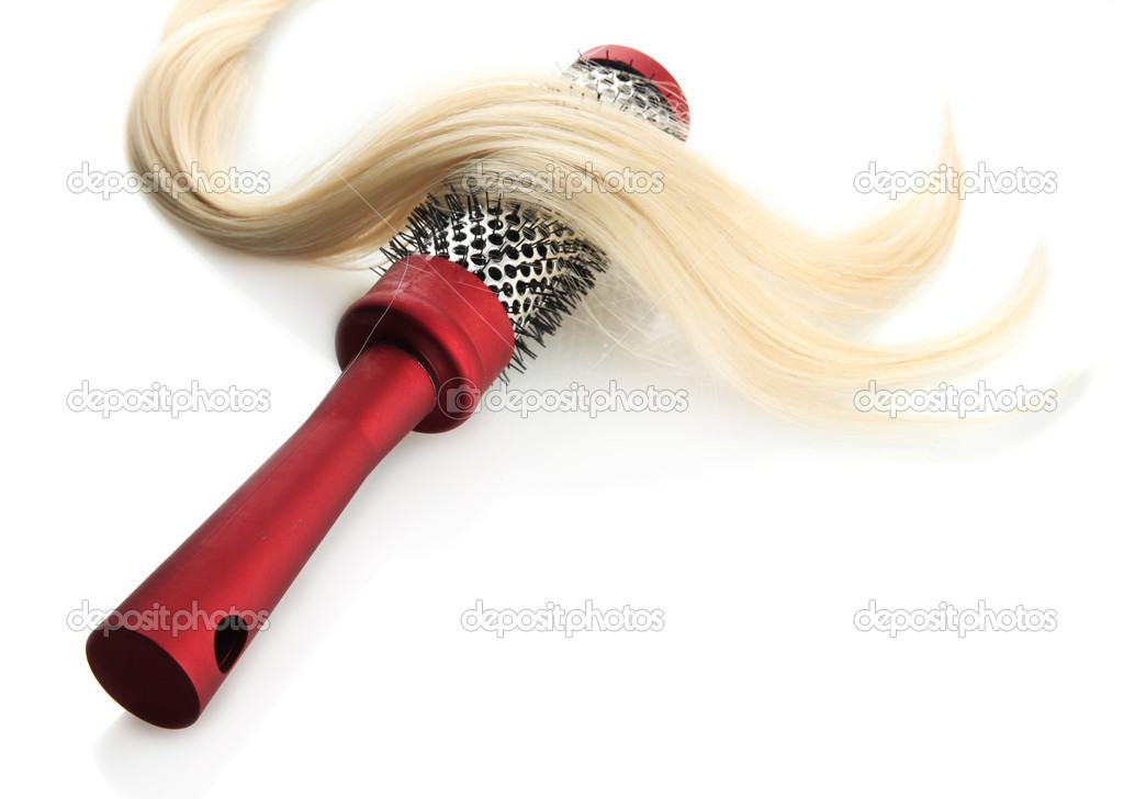 comb brush with hair, isolated on white