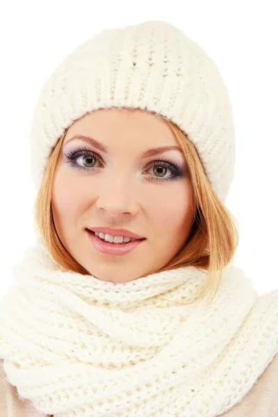 Young beautiful woman wearing winter clothing, isolated on white — Stock Photo, Image