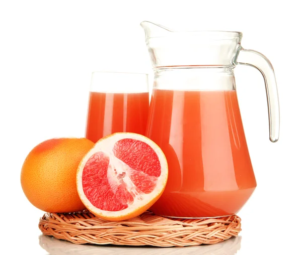 Full glass and jug of grapefruit juice and grapefruits isolated on white — Stock Photo, Image