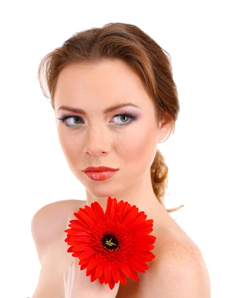 Çiçek, üzerinde beyaz izole tutan parlak bir makyaj, güzel genç kadın — Stok fotoğraf