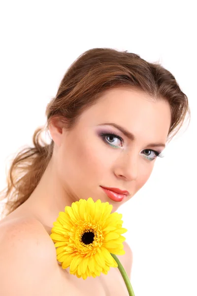 Beautiful young woman with bright make-up, holding flower, isolated on white — Stock Photo, Image