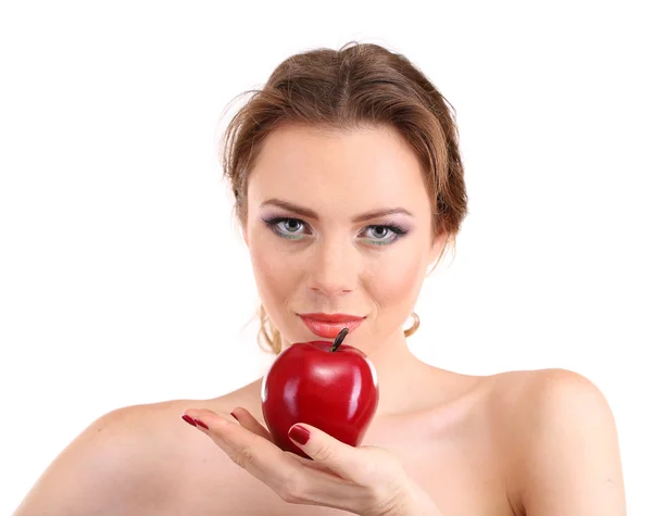 Beautiful young woman with bright make-up, holding red apple, isolated on white — Stock Photo, Image