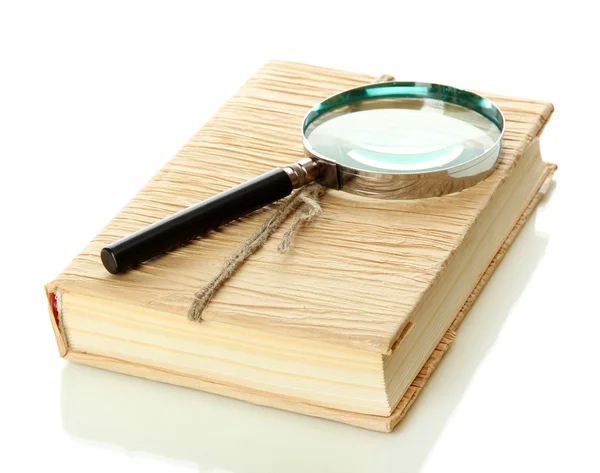 Magnifying glass and book isolated on white — Stock Photo, Image