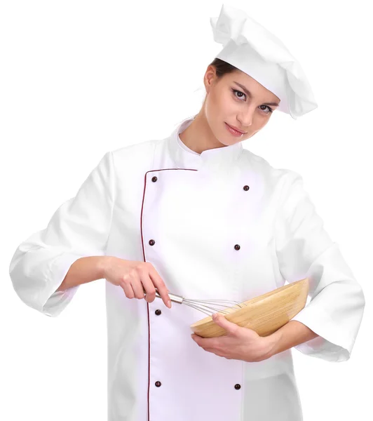 Portrait de jeune femme chef avec wisk isolé sur blanc — Photo