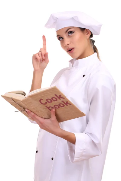 Retrato de mujer joven chef con libro de cocina aislado en blanco — Foto de Stock