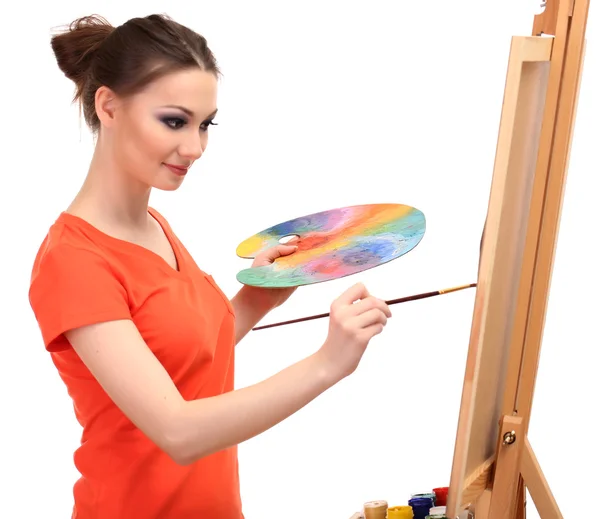 Beautiful young woman painter at work, isolated on white — Stock Photo, Image