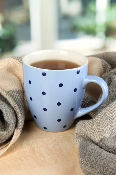 Cup of tea with scarf on table in room — Stock Photo, Image