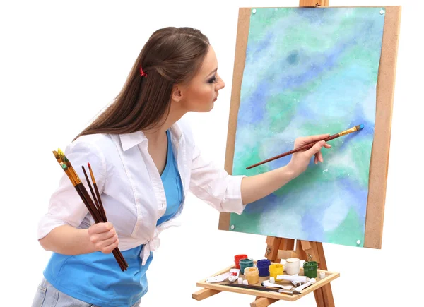 Mooie jonge vrouw schilder op het werk, geïsoleerd op wit — Stockfoto