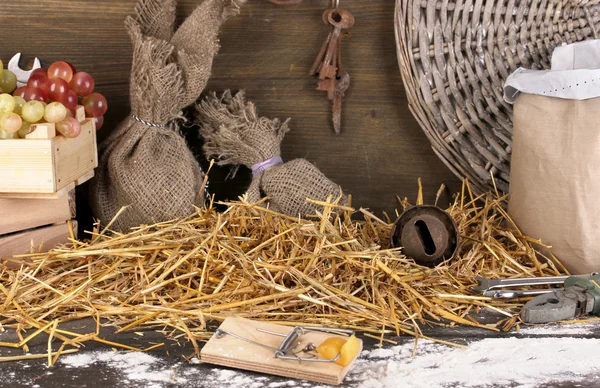 Mousetrap with a piece of cheese in barn on wooden background Stock Photo