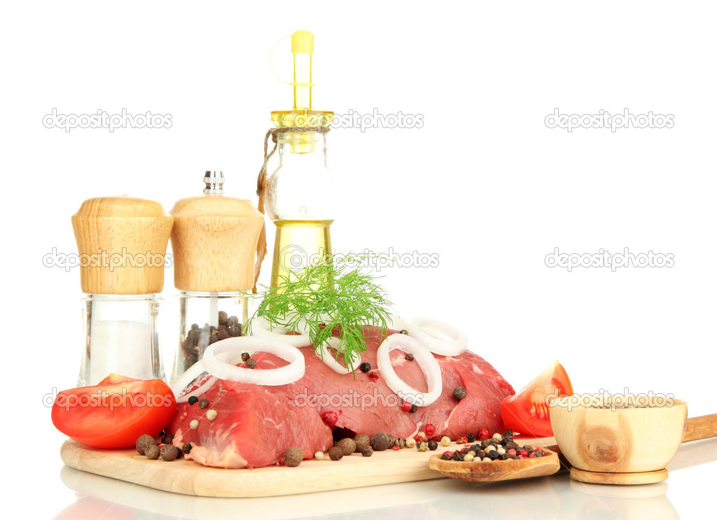 Raw beef meat marinated with herbs, spices and cooking oil isolated on white