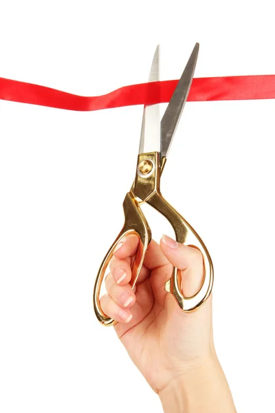 Cutting red ribbon isolated on white — Stock Photo, Image