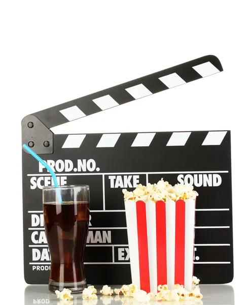 Movie clapperboard, cola and popcorn isolated on white — Stock Photo, Image