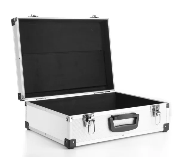 Geopende zilverachtig koffer geïsoleerd op wit — Stockfoto