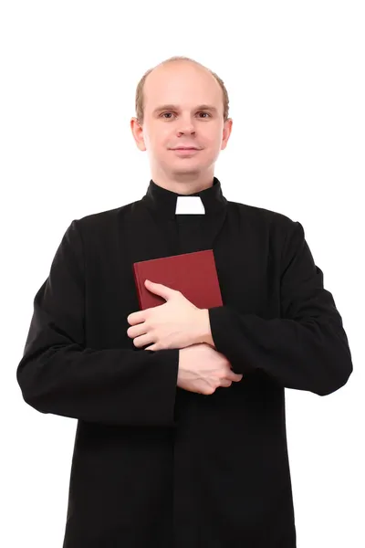 Young pastor with Bible, isolated on white — Stock Photo, Image