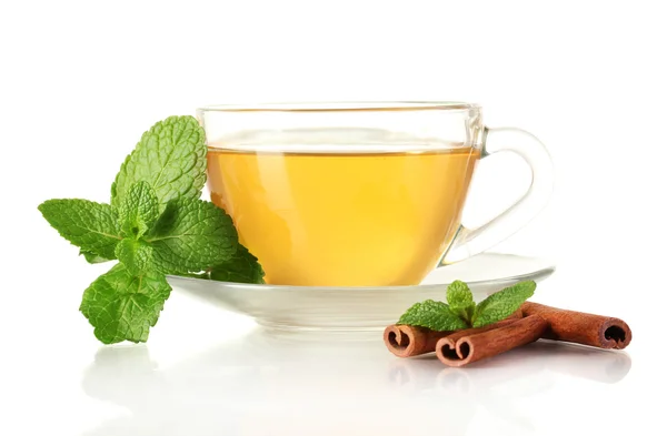 Cup of tea with mint and cinnamon isolated on white — Stock Photo, Image