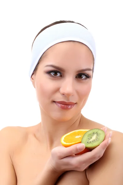 Ung kvinna med frukt. Koncept: Ansikts frukt masker. Isolerad på vit — Stockfoto