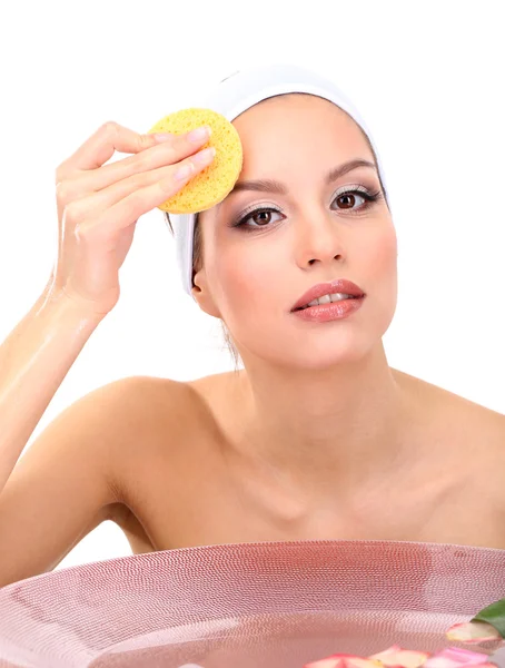 Young woman washing her face. Conceptual photo: make-up remover — Stock Photo, Image