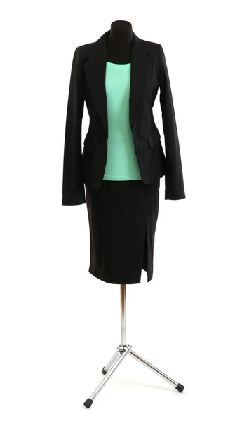 Turquoise blouse and black skirt with coat on mannequin isolated on white — Stock Photo, Image