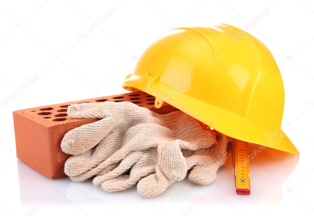 helmet, roulette, brick and gloves isolated on white
