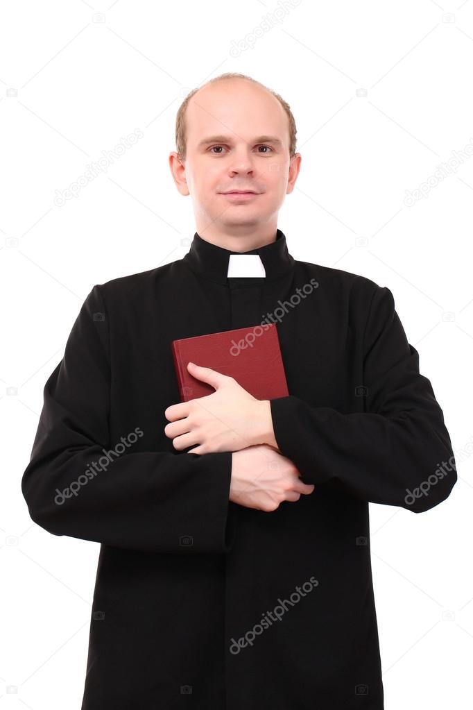 Young pastor with Bible, isolated on white