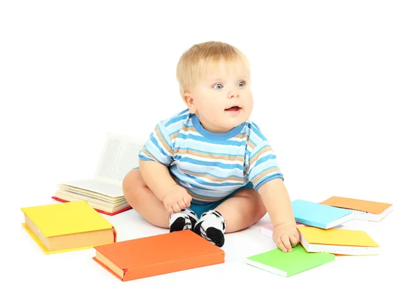 Çok renkli kitaplar, üzerinde beyaz izole olan küçük çocuk — Stok fotoğraf