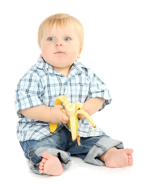 Kleine jongen met banaan, geïsoleerd op wit — Stockfoto