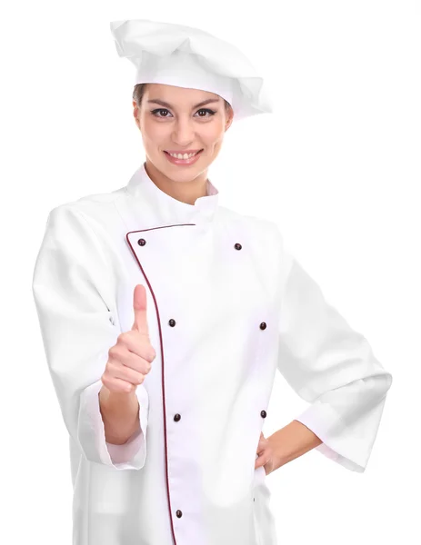 Portrait de jeune femme chef isolée sur blanc — Photo