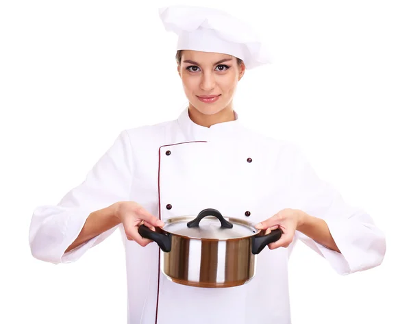 Портрет молодої жінки шеф-кухаря з сковородою ізольовано на білому — стокове фото