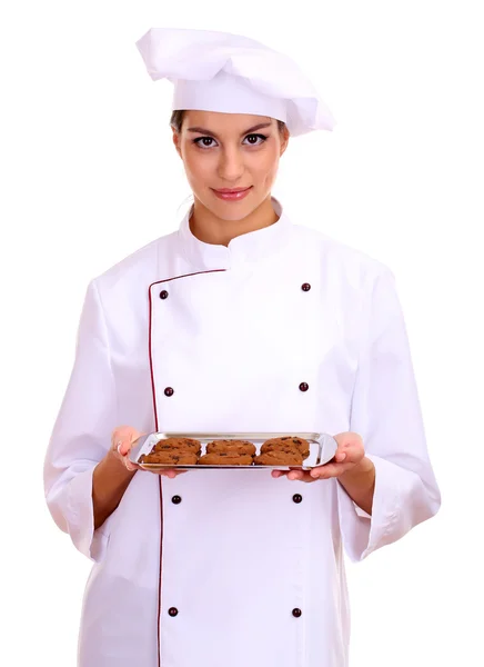 Портрет молодої жінки шеф-кухаря з підносом ізольовано на білому — стокове фото