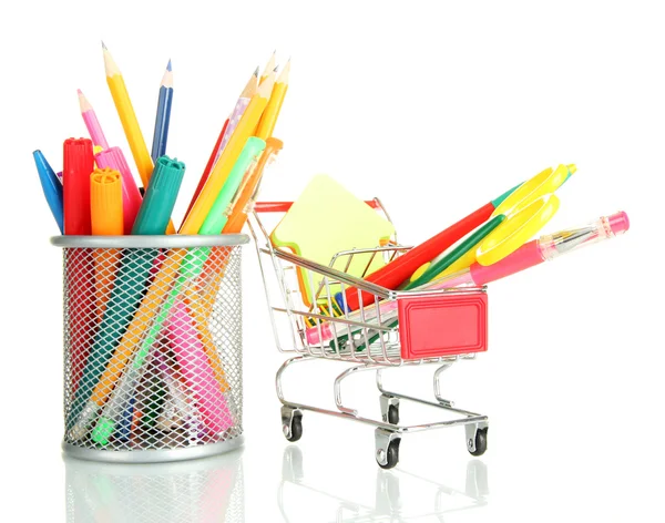 Carrinho com equipamento escolar isolado em branco — Fotografia de Stock