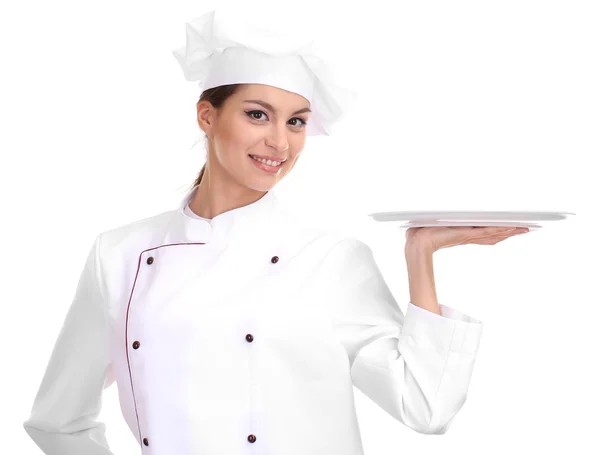 Portrait of young woman chef with tray isolated on white — Stock Photo, Image