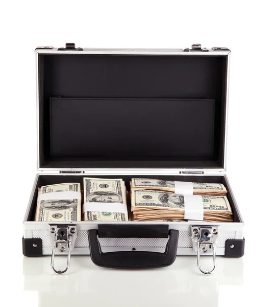 Suitcase with 100 dollar bills isolated on white — Stock Photo, Image