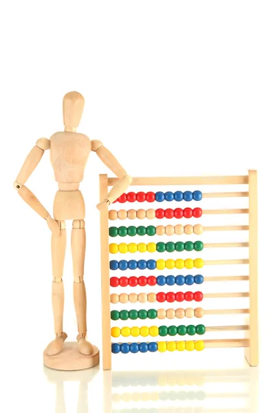 Abacus de brinquedo brilhante e manequim de madeira, isolado em branco — Fotografia de Stock