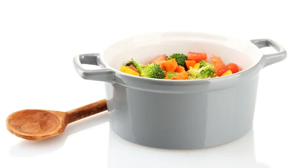 Ragoût de légumes en pot gris isolé sur blanc — Photo