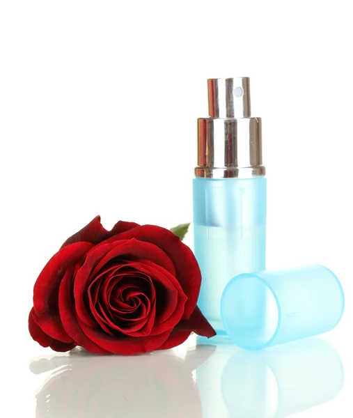 Women's perfume in beautiful bottle with rose isolated on white — Stock Photo, Image