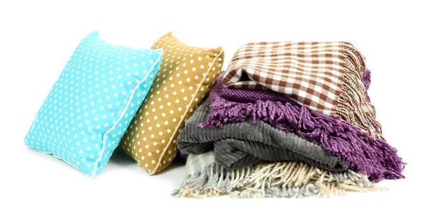 Plaids and color pillows, isolated on white — Stock Photo, Image