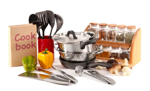 Composition of kitchen tools,spices and vegetables isolated on white — Stock Photo, Image