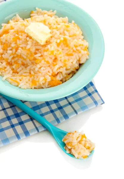 Prove mingau de arroz com abóbora em tigela azul, isolado em branco — Fotografia de Stock