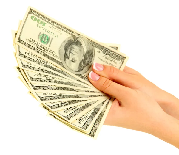 Женская рука с долларами, крупным планом, изолированная на белом — стоковое фото