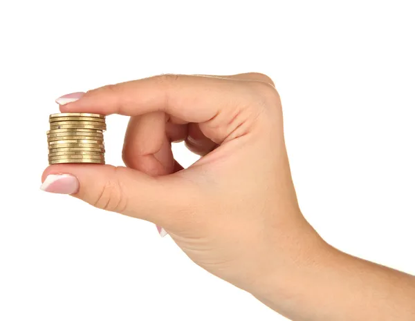 Manos de mujer con monedas aisladas en blanco — Foto de Stock