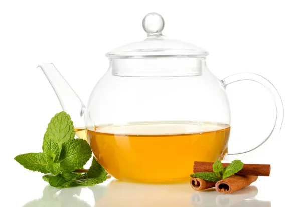 Teapot with mint and cinnamon isolated on white — Stock Photo, Image